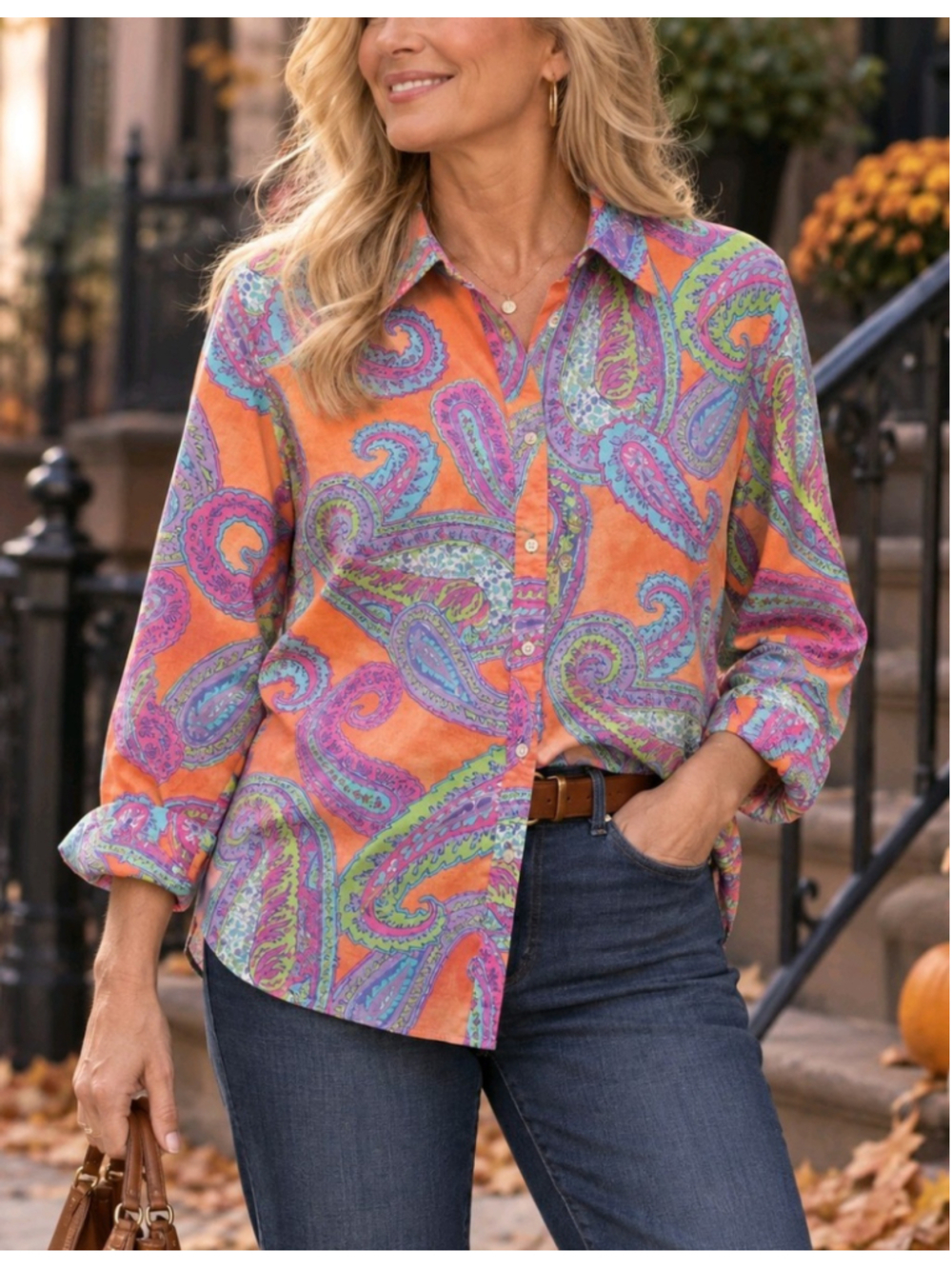 Lauren Ralph Lauren Women's 1X Paisley Button Front Shirt Multi Color Cotton Top